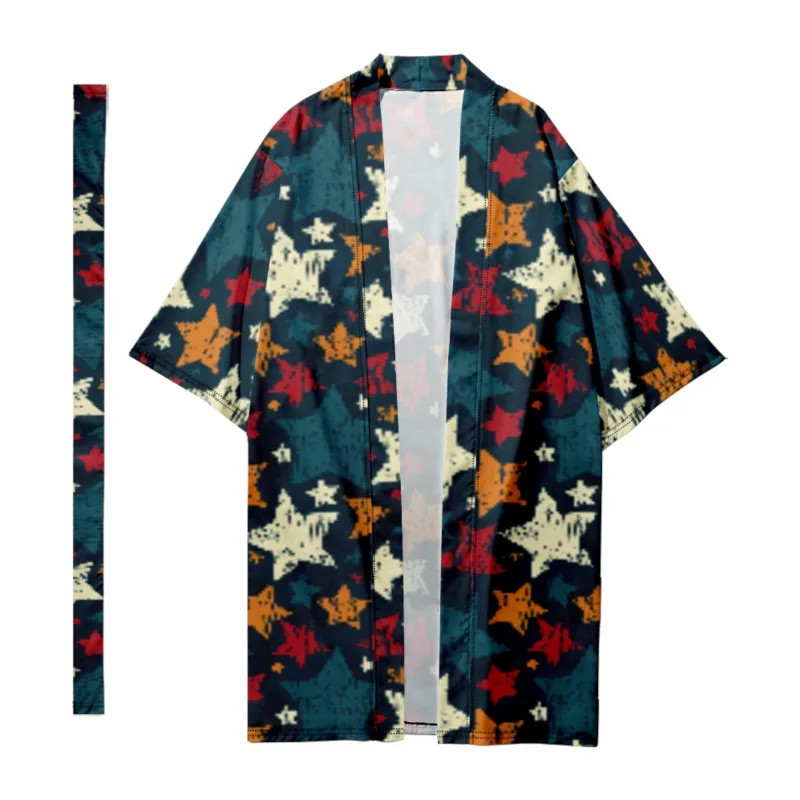 Men's Japanese Long Kimono Vintage Style Stars Kimono Harajuku Cardigan Samurai Bathrobes Kimono Shirt Yukata Jacket