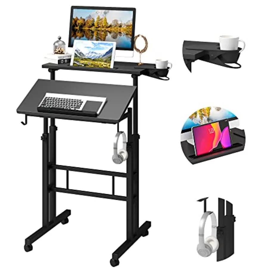 

Adjustable Height Standing Desk with Cup Holder, Portable and Easy to Move, Ideal for Home or Office