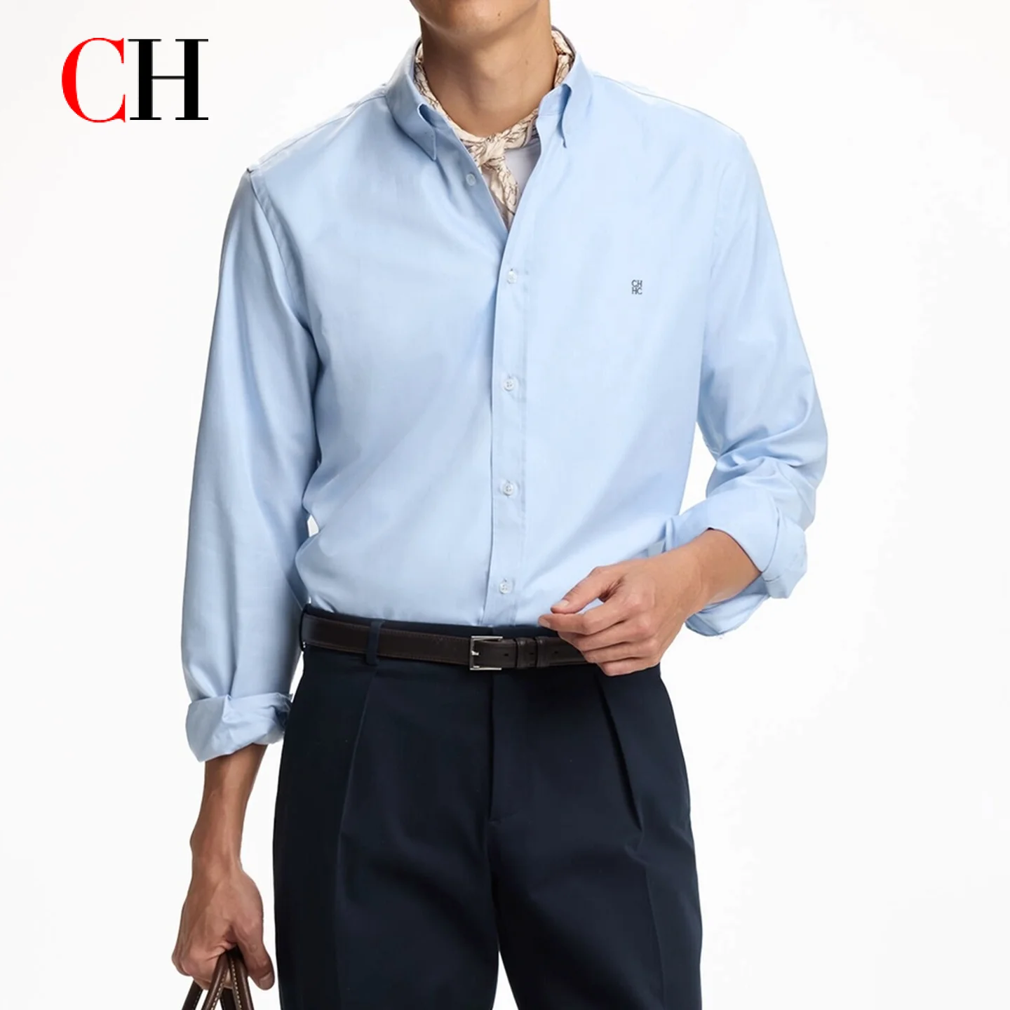 CH Men's Shirt Sleeve Dress Shirt Slim Fit Solid Color Business Casual Button-Down Shirt with Embroidered Logo Formal Work Wear