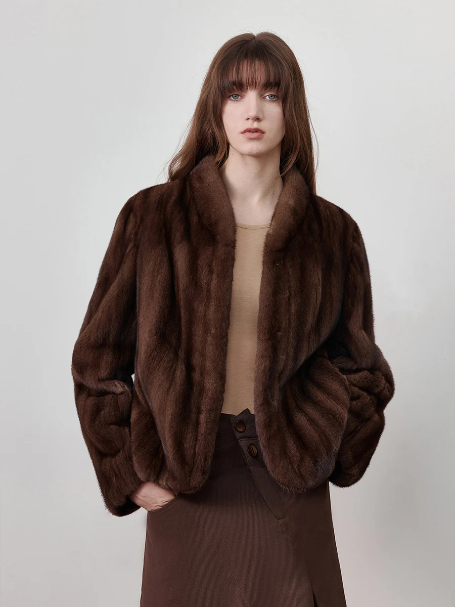 Autumn Winter Short Brown Thick Warm Soft Faux Mink Fur Coat Women Stand Collar Elegant Luxury Chic Fluffy Jacket