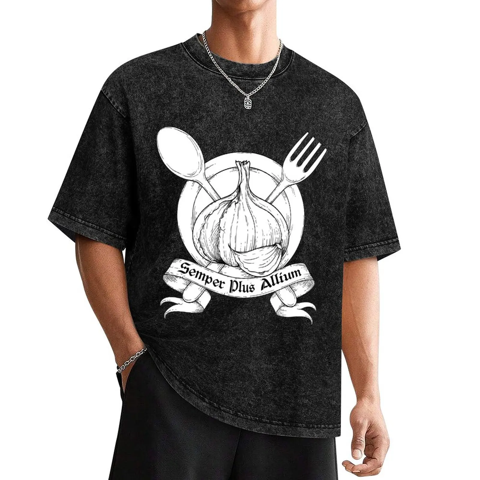 

Food Lover Cooking Kitchen Graphic Always More Garlic Semper Plus Allium T-Shirt summer top vintage sweat shirts, men