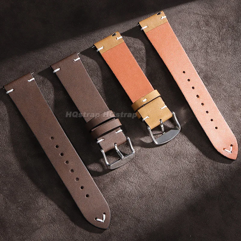 Genuine Leather Strap 18mm 20mm 22mm Watch Band Handmade Stitching Vintage Cowhide Bracelet Quick Release Universal Wristband