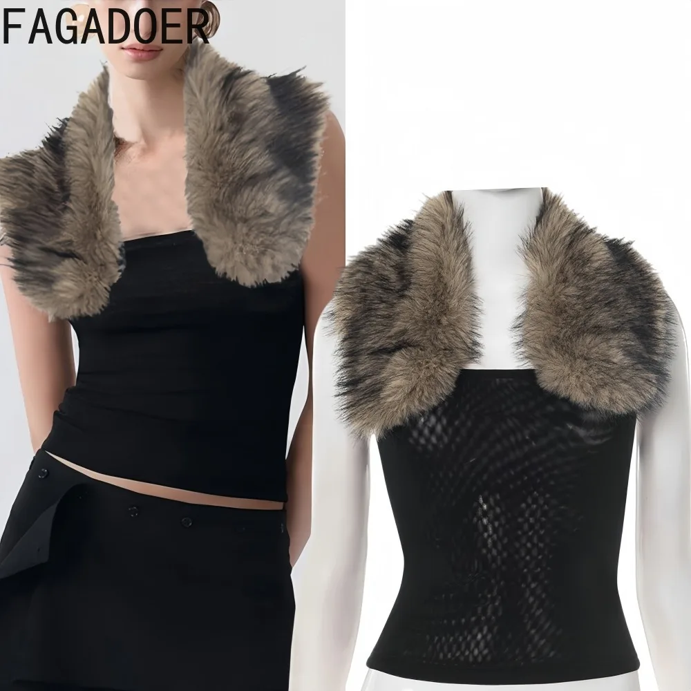 FAGADOER مثير الفراء المرقعة Bodycon تي شيرت المرأة بلون انظر من خلال عارية الذراعين التي شيرت الإناث ملابس الشارع الشهير 2025 جديد