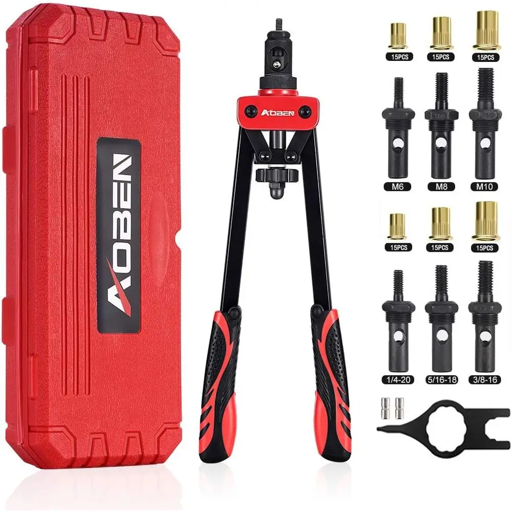 

14 Hand Rivet Nut Tool Kit with 6 Mandrels, 90pcs Rivnuts, Compact and Labor-Saving Design