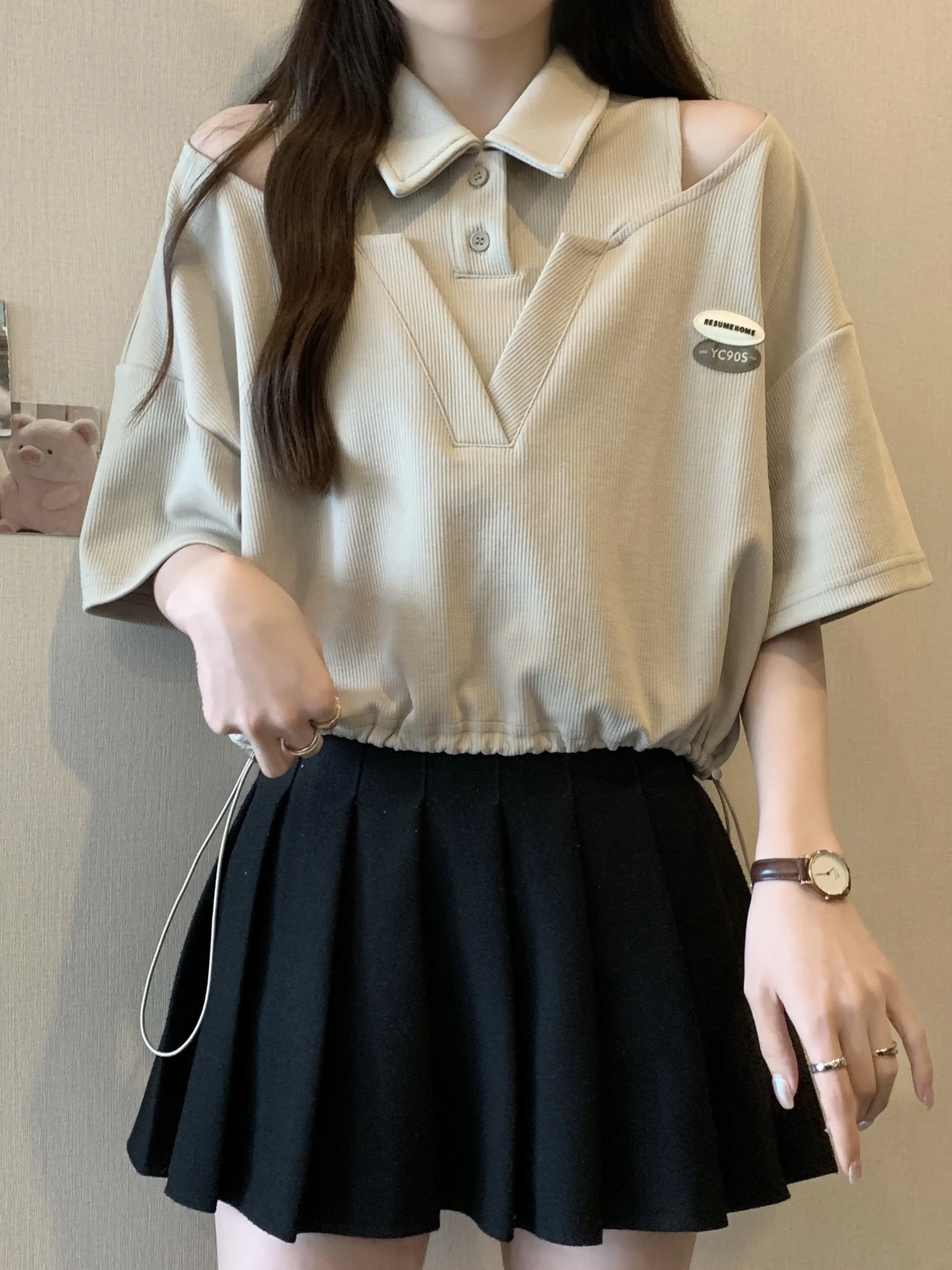 

Летняя женская футболка больших размеров с коротким рукавом, укороченная, с открытыми плечами, с завязками на талии, в стиле принцесс, Sweet Wind