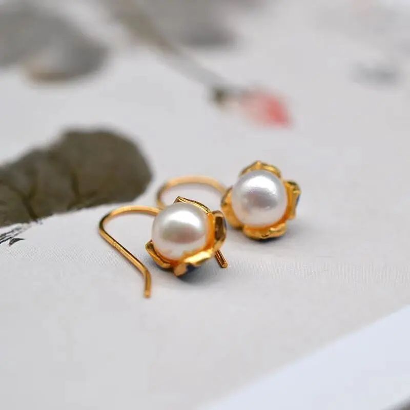 Chinese Style Hanfu Cloisonne Enamel Gilded Lotus Leaf Natural Pearl Earrings For Lady Elegant Retro Hook Earrings For Date Wear