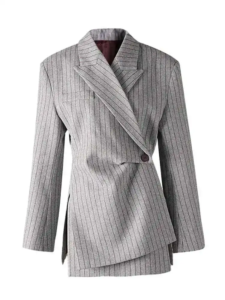 Senior Fashion Stripe Printed Asymmetric Blazers Women's Notched LongSleeve Gathered Waist Jackets 2025 Spring Newest outerwears