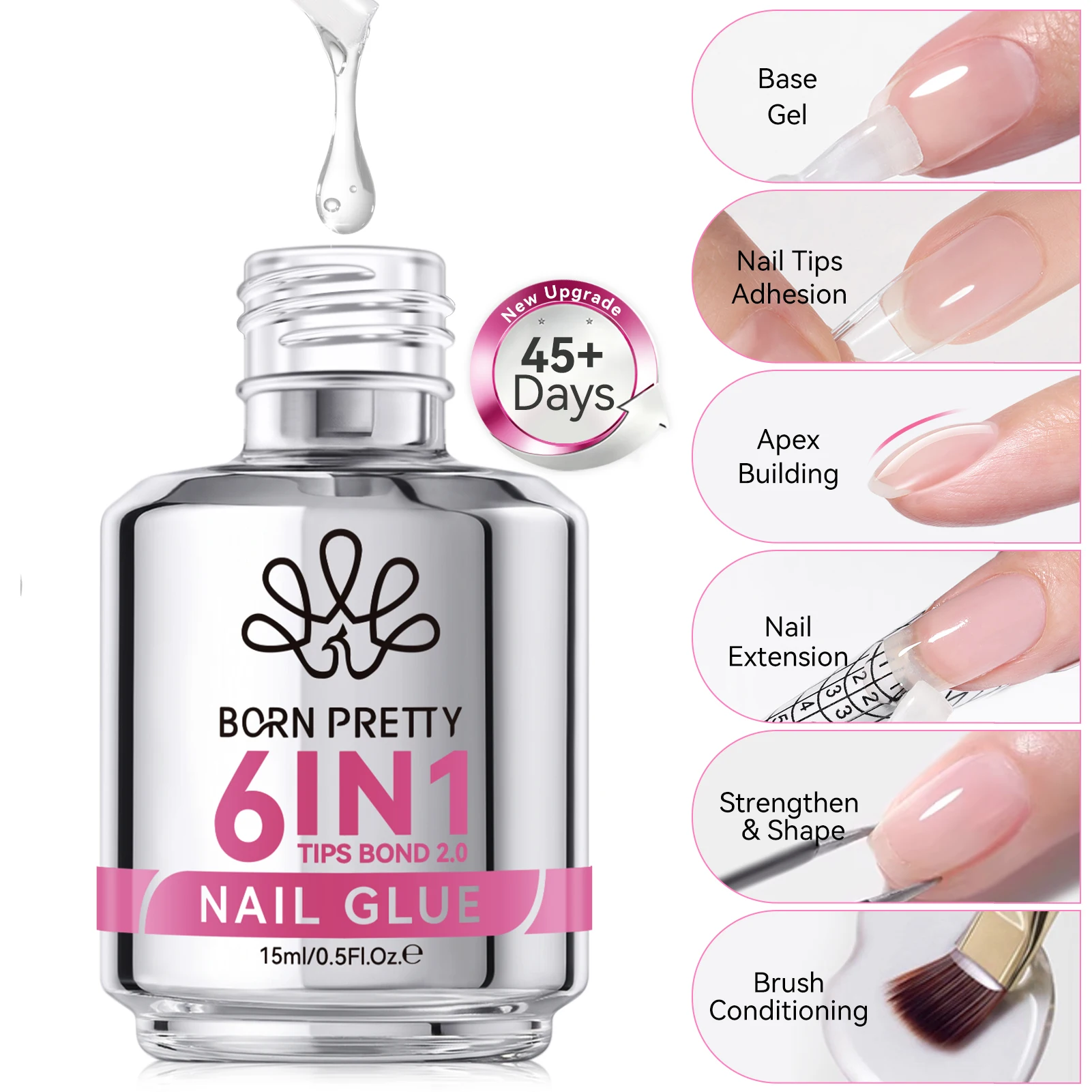 BORN PRETTY 15 мл 6-в-1 Гель-лак для ногтей New 2.0 для акриловых ногтей, базовый гель, топовое покрытие, УФ-гель для наращивания, накладные типсы для ногтей