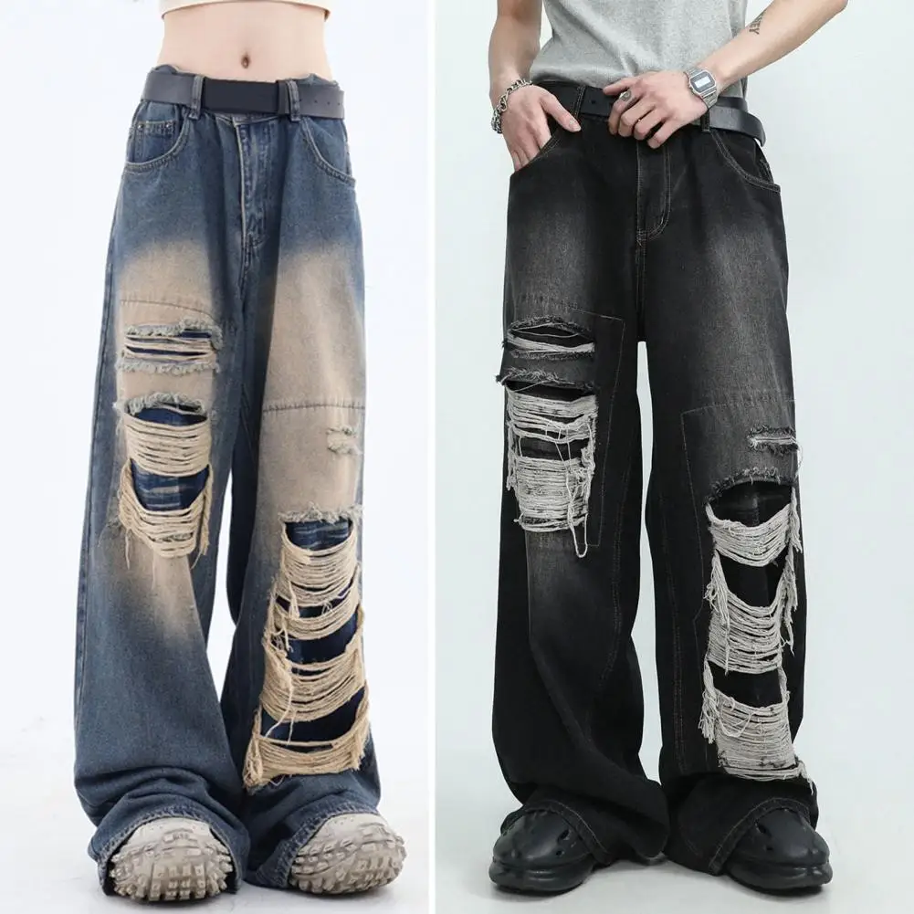 Jeans de perna larga vintage de cintura alta feminino com buracos rasgados, estilo gótico com ajuste reto Hip Hop, jeans angustiado