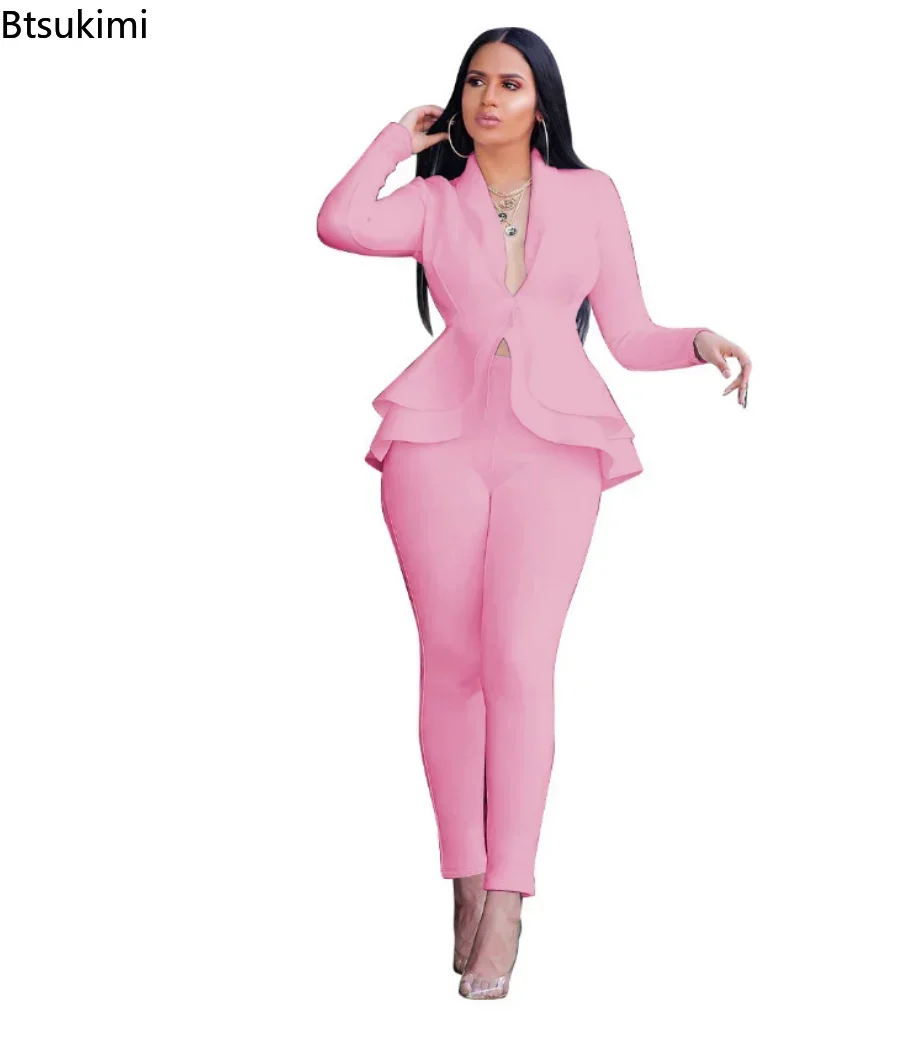 2025 Women\'s Formal Set 2PCS Tracksuit Full Sleeve Ruffles Blazers Pencil Pants Suit Two Piece Set Office Lady Outfits Uniform