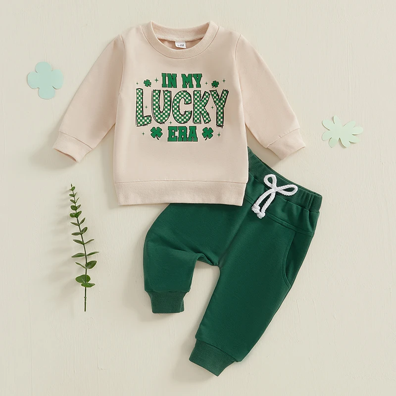 Toddler Boy Irish Day Outfit Sets Long Sleeve Checkerboard Letter/Letter Clover Print Tops Solid Color Drawstring Pants Sets