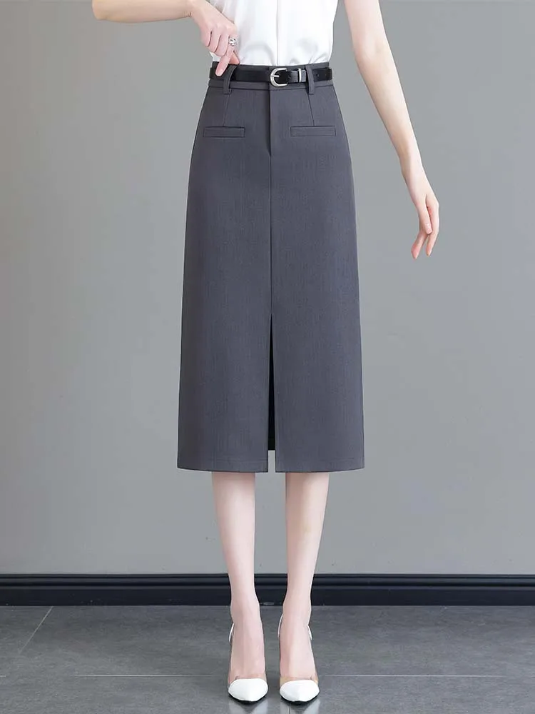 

Серая юбка-миди А-силуэта с высокой талией и разрезом, женская, весна-лето, новый стиль, корейская версия, для офиса и повседневной носки, из полиэфирного волокна