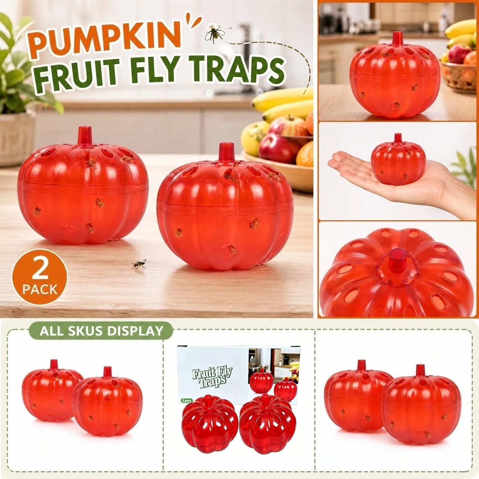 2pcs Pumpkin-Shaped Fruit Fly Trap, Non-toxic Drosophila Trap Gnat Killer Fly Catcher Pest Insect Control (Without attractants)