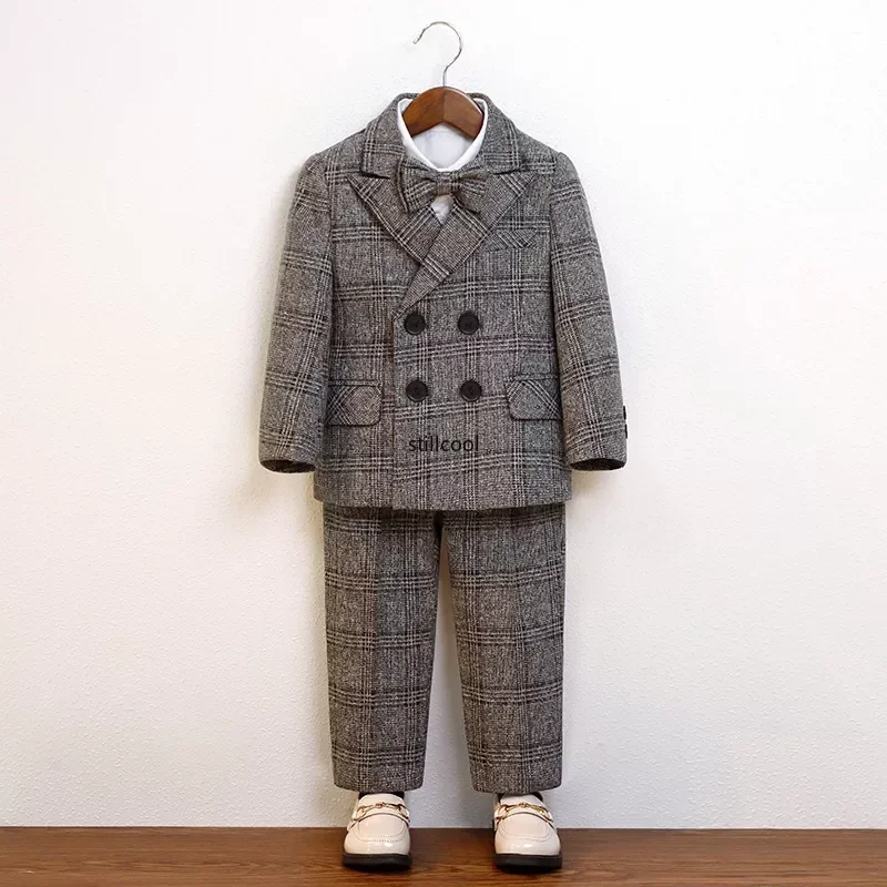 Boys Plaid Business Suit Spring Autumn 2024 Gray Handsome School Uniform for Kids 8 10 12 13 Y Teens Children Wedding Blazer Set