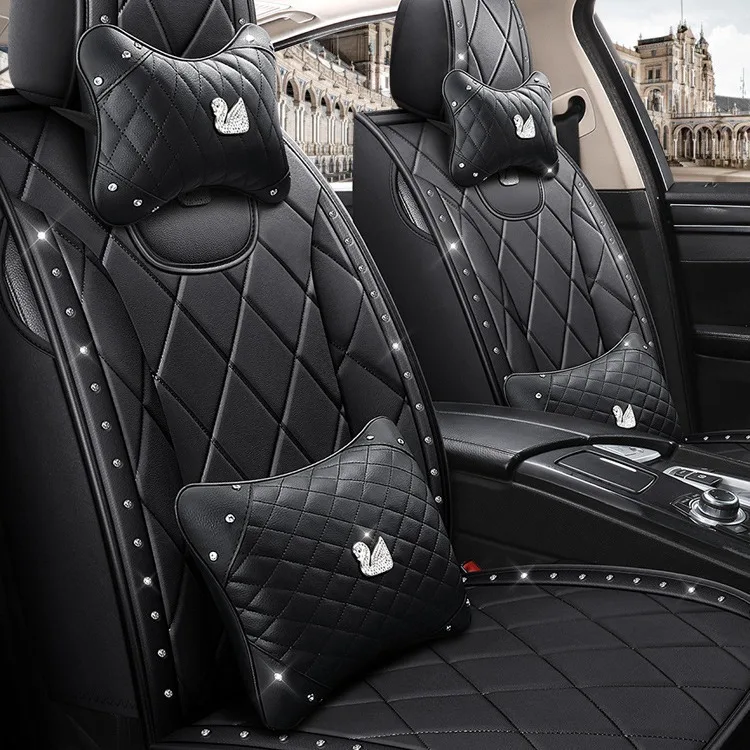 

Fashion Car Seat Cover, Swan Design with Rhinestones & Rivet Decor, PU Leather All-Season Cushion Pad, Universal Fit for Cars