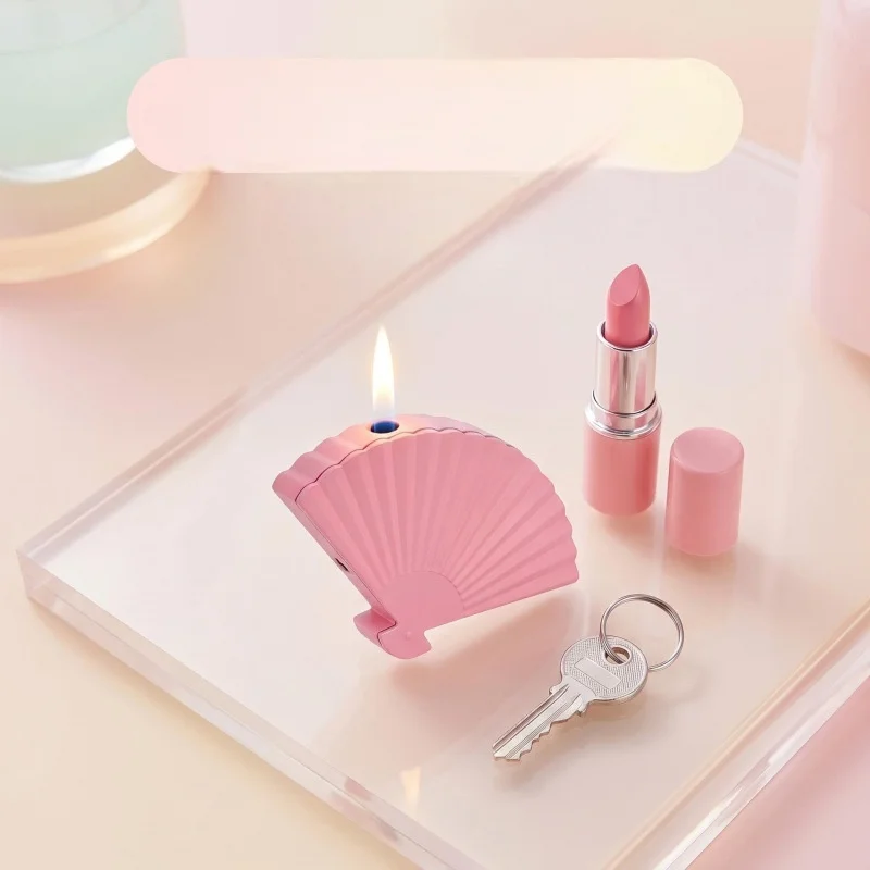 Cute Pink Fan-Shaped Lighter, Folding Design, Refillable Butane, Unique Oriental Style for Smokers Smoking Accessories