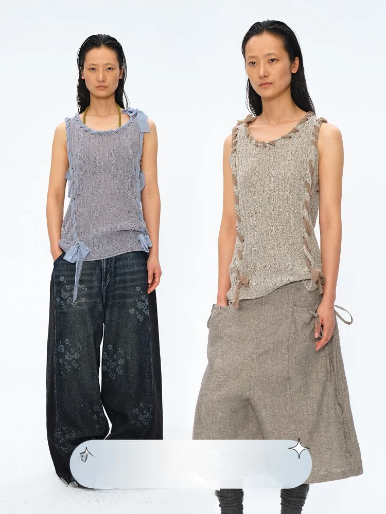 

Вязаный жилет ручной работы, свободный повседневный топ с квадратным и круглым узором, с веревочными вставками и бретелями, женская модная летняя верхняя одежда