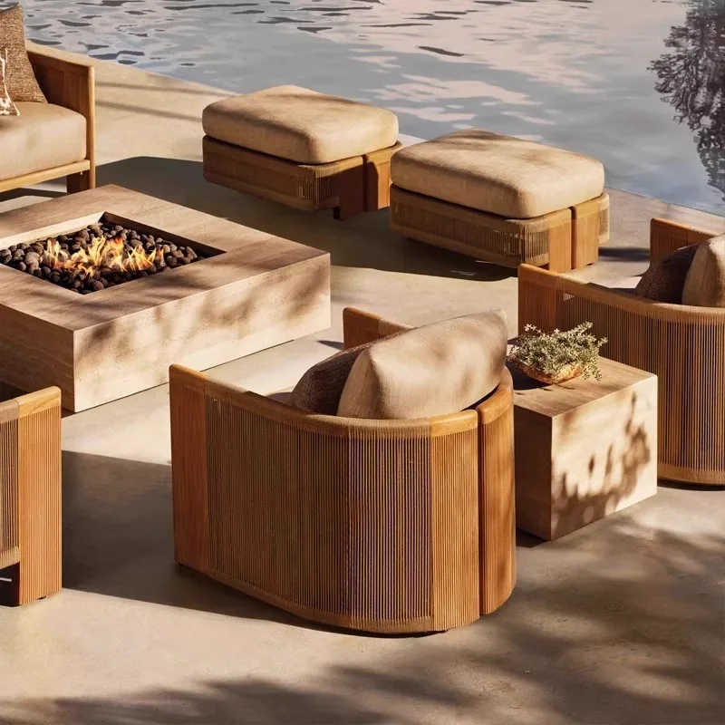 Solid Teak Rattan Outdoor Sofa Set Nordic Style Weather Resistant Patio Furniture With Removable Cushion For Garden Hotel Villa