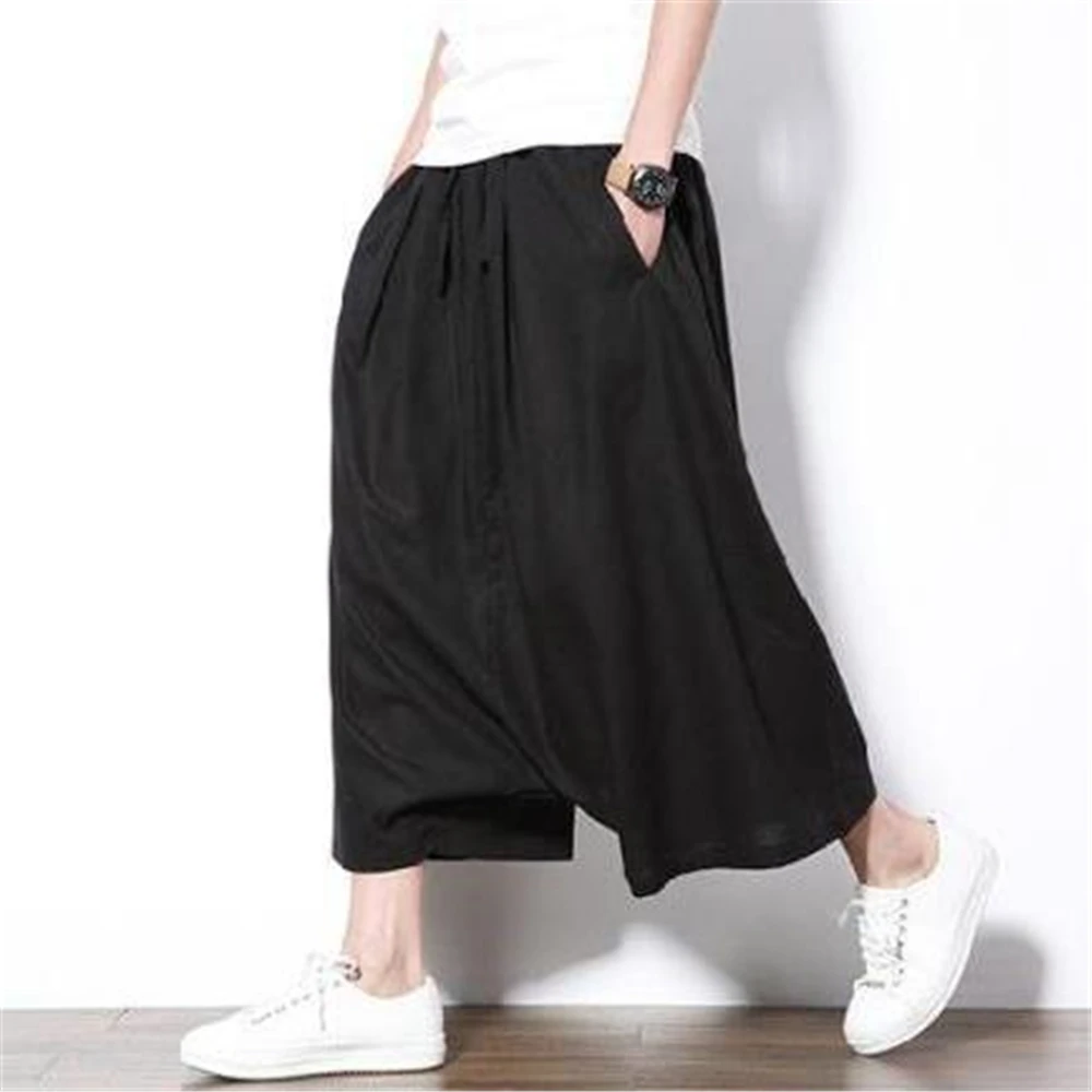 2024 Korean Style Baggy Men Pants Men's Wide Crotch Harem Pants Cotton Linen Loose Large Cropped Trousers Wide-legged Bloomers