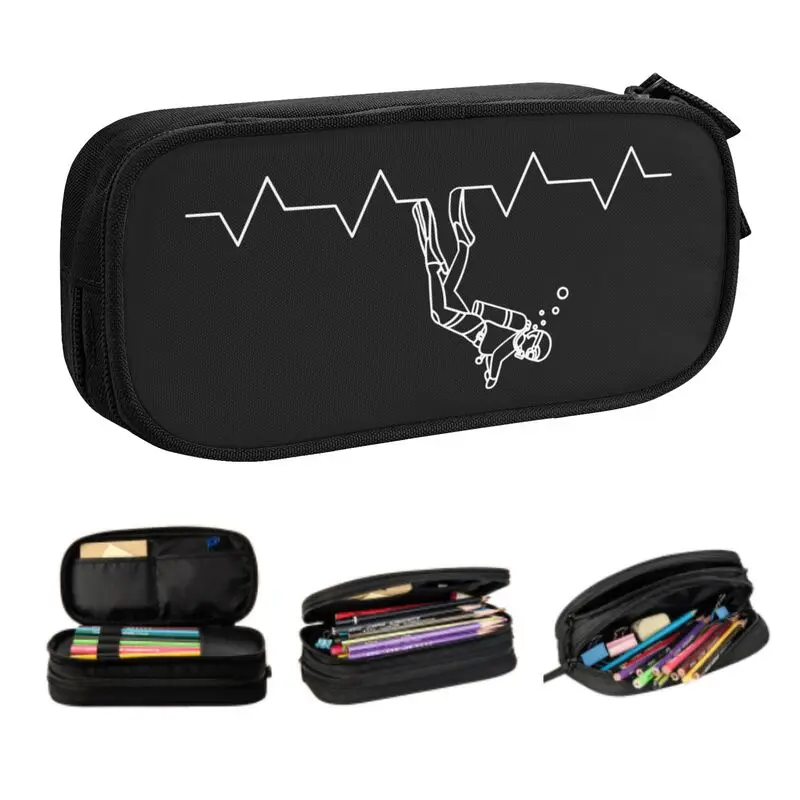 Custom Scuba Diving Heartbeat Pencil Case for Girls Boys Big Capacity Pen Bag Box School Supplies