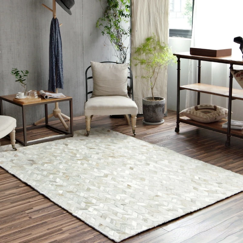 American style luxury cowhide seamed rug , modern natrual pure white color cowskin chequer carpet for living room decoration