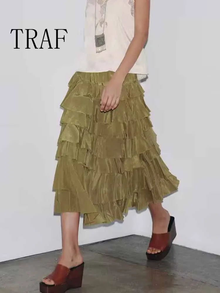 

TRAF European and American style summer new fashion women's clothing mid-waist design layered decorative midi skirt