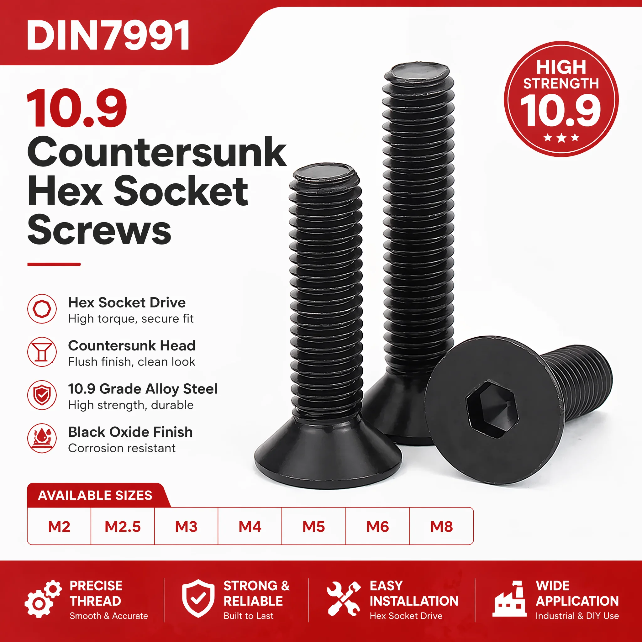 DIN7991 Carbon Steel Black Countersunk Flat Head Hex Socket Allen Screw DIY Furniture Machine Screws M2 M2.5 M3 M4 M5 M6 M8