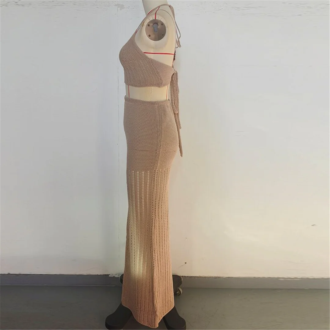 V-Ausschnitt, Halterneck, einfarbig, gehäkelt, gestrickt, zweiteiliger Anzug, Strandkleid, Strandmode, Strandbekleidung, Strandüberwurf, Damen, V7648 – Detail 12