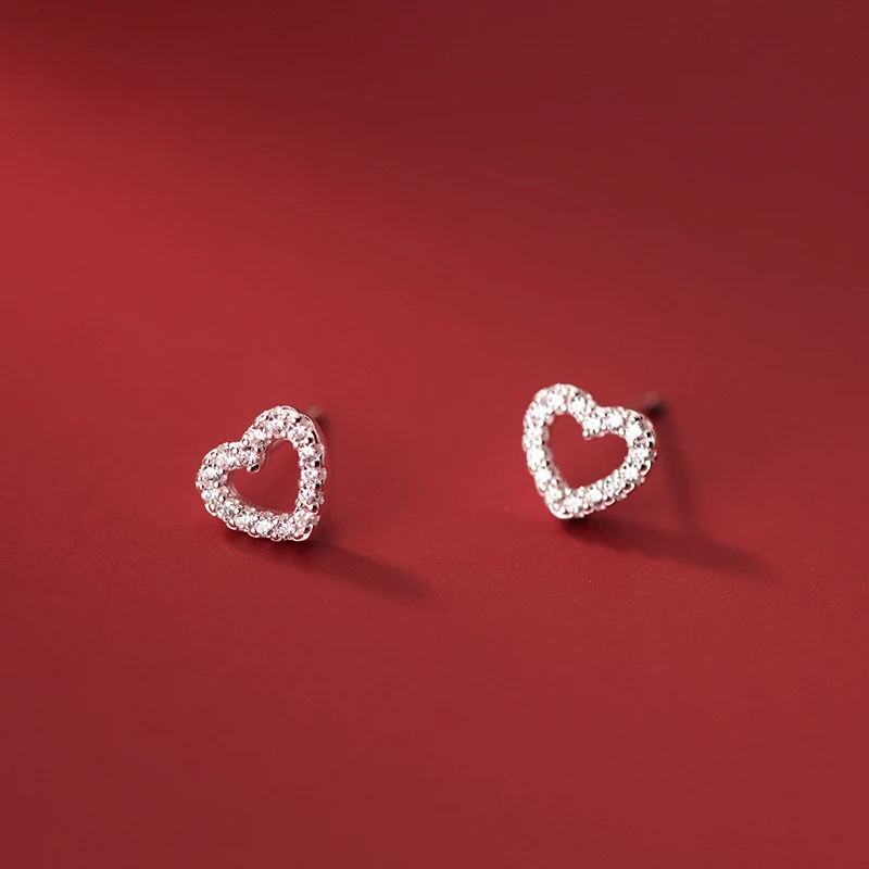 

S925 Silver Simple Wind Sweet Small Earrings Hollow Heart Full Zircon Women's Trendy Rhodium Jewelry for Wedding Party Gift
