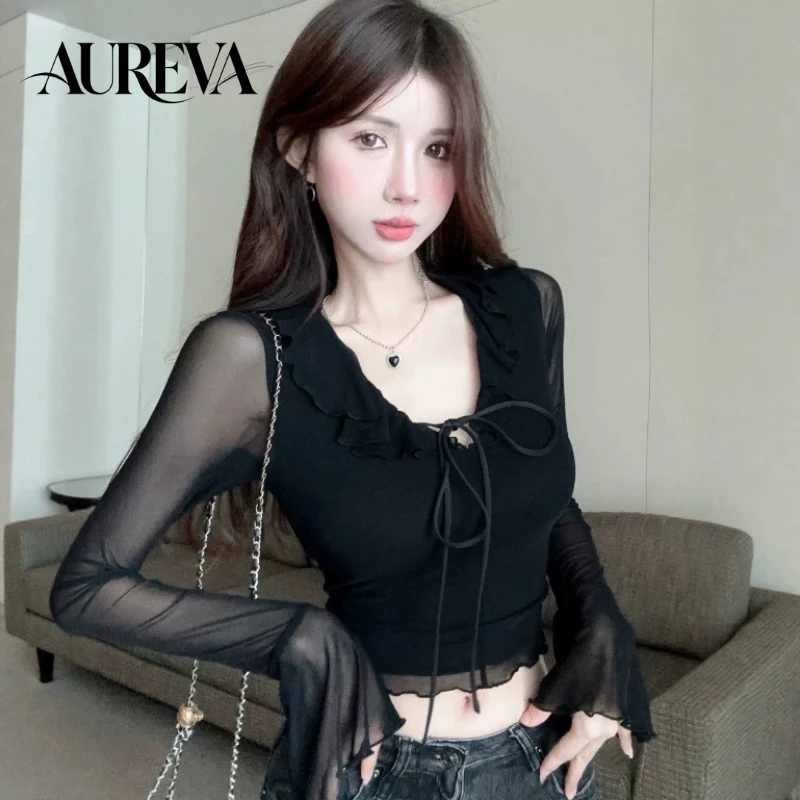 Blusa Interior Transparente de Malla con Encaje y Volantes, Manga Acampanada, Cuello en V, Estilo Pura Seducción para Mujer, Colección Otoño Invierno 2026