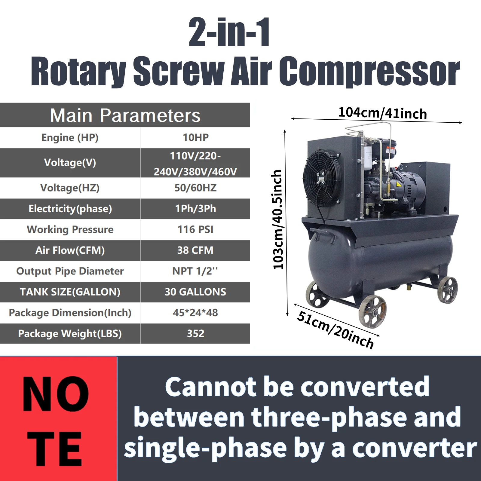 7.5KW/10HP Variable Speed Inverter Screw Air Compressor 2-in-1 Air Compressor 38CFM/116PSI/230Volt Air Pumps 1ph/3ph