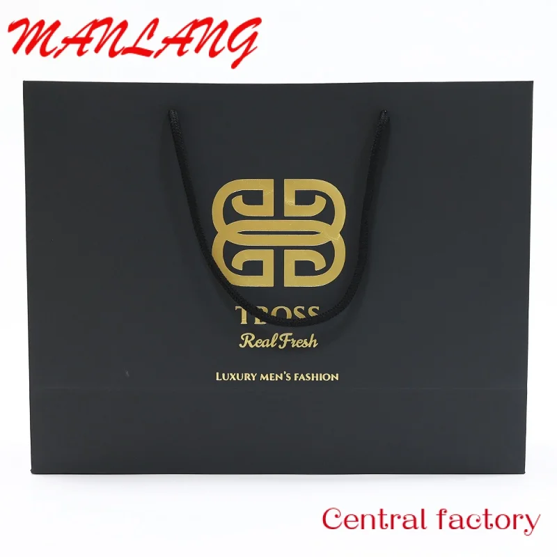 Luxus Goldfolie Stempel benutzer definierte Taschen Logo Einkaufen schwarze Pappe Papiertüten mit Ihrem eigenen Logo