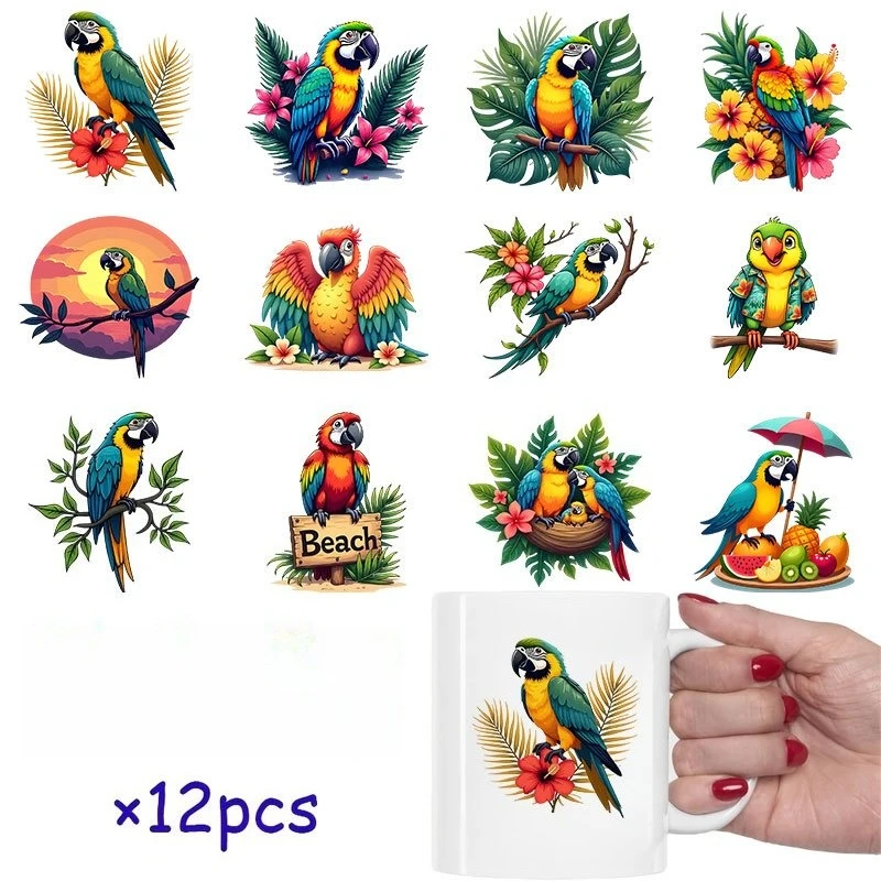 12Pcs/Set Tropical Parrot Vinyl Stickers, Colorful Macaw Waterproof Decals for Mug Decor
