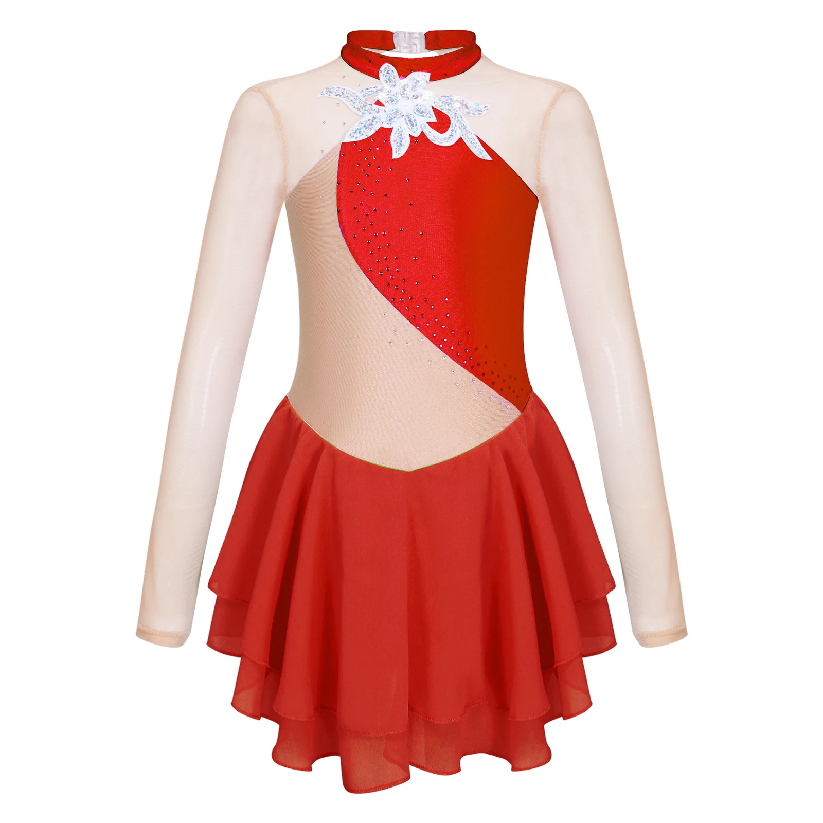 Vestido de patinaje sobre hielo de manga larga para niñas, ropa de baile con diamantes de imitación brillantes, tutú de malla transparente, Ballet, gimnasia, leotardo de baile