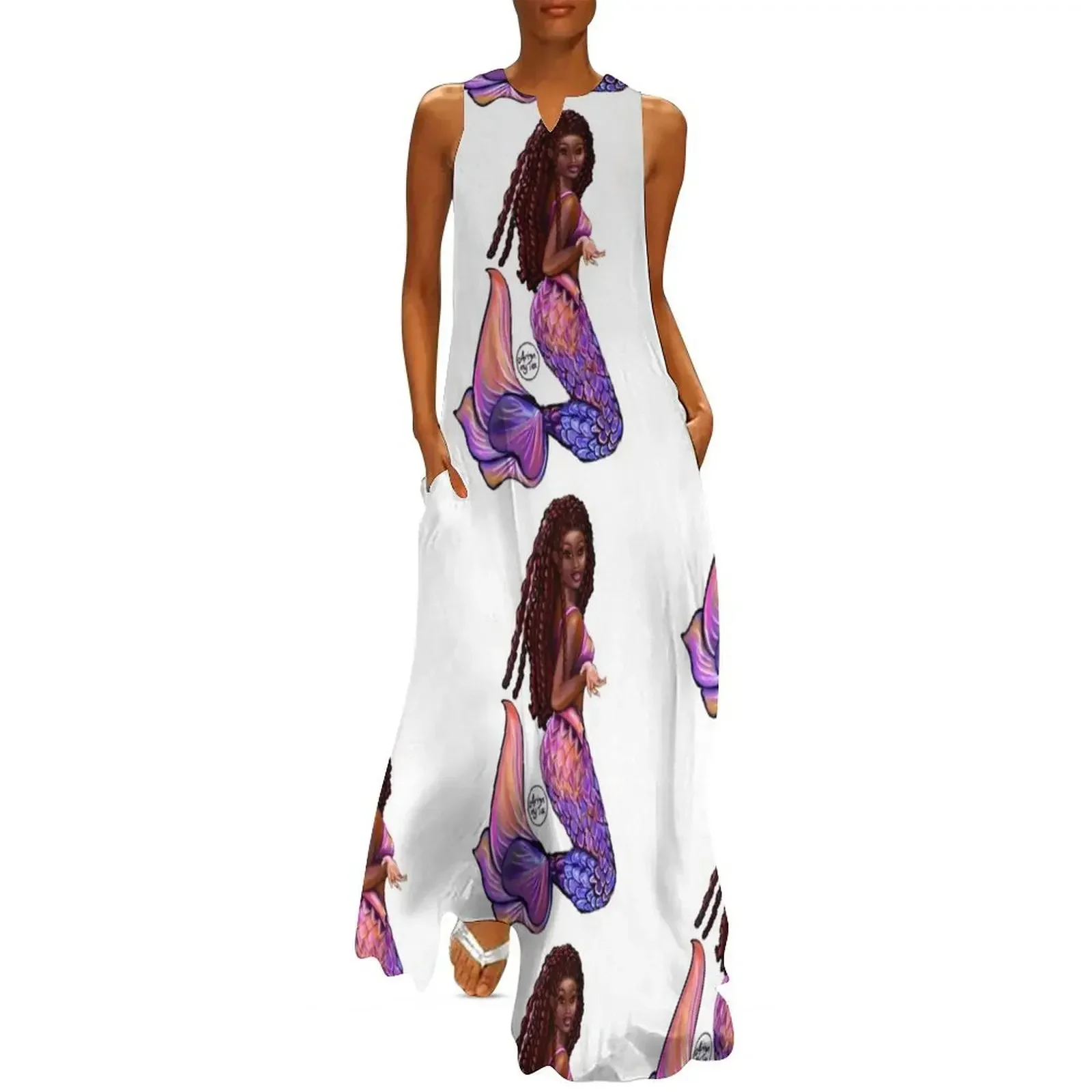 

mermaid with flowing red locs #2, Afro hair and caramel brown skin. Black mermaid Long Dress women long dresses Dress