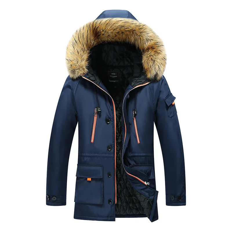 Large Winter Plus Mid Length Casual Men\'s Thickened Cotton Coat With Fur Hat