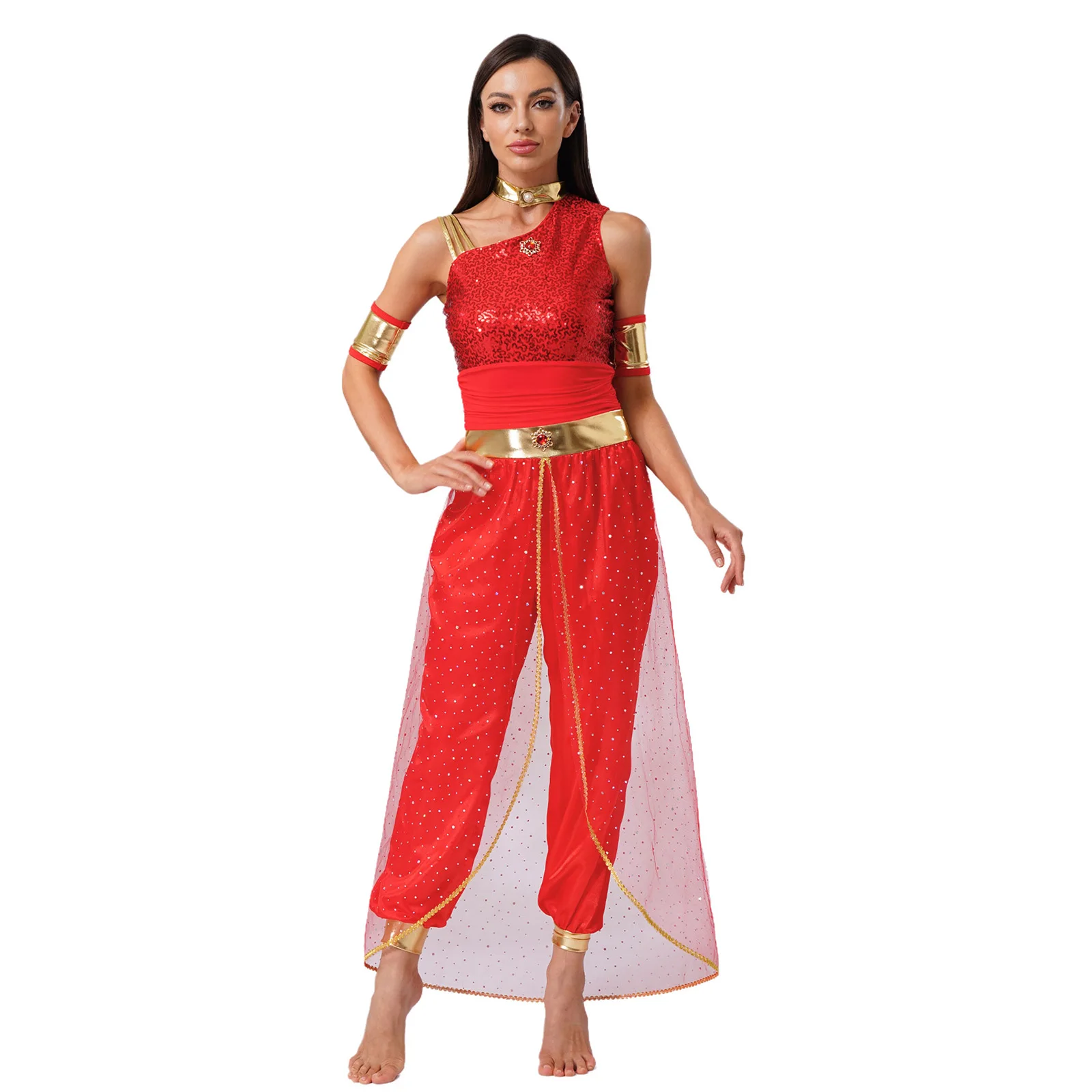 Disfraz de danza del vientre de princesa árabe a la moda para mujer, mono de tul brillante con mangas para decoración de gemas para fiesta de Halloween, Cosplay