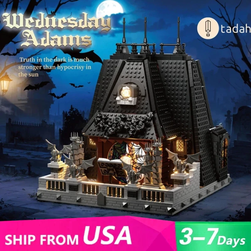 

2419PCS MOC Horror Movie Wednesday Adams House Building Blocks Streetview Villa Modular Model Desktop Decor Toys Halloween Gift