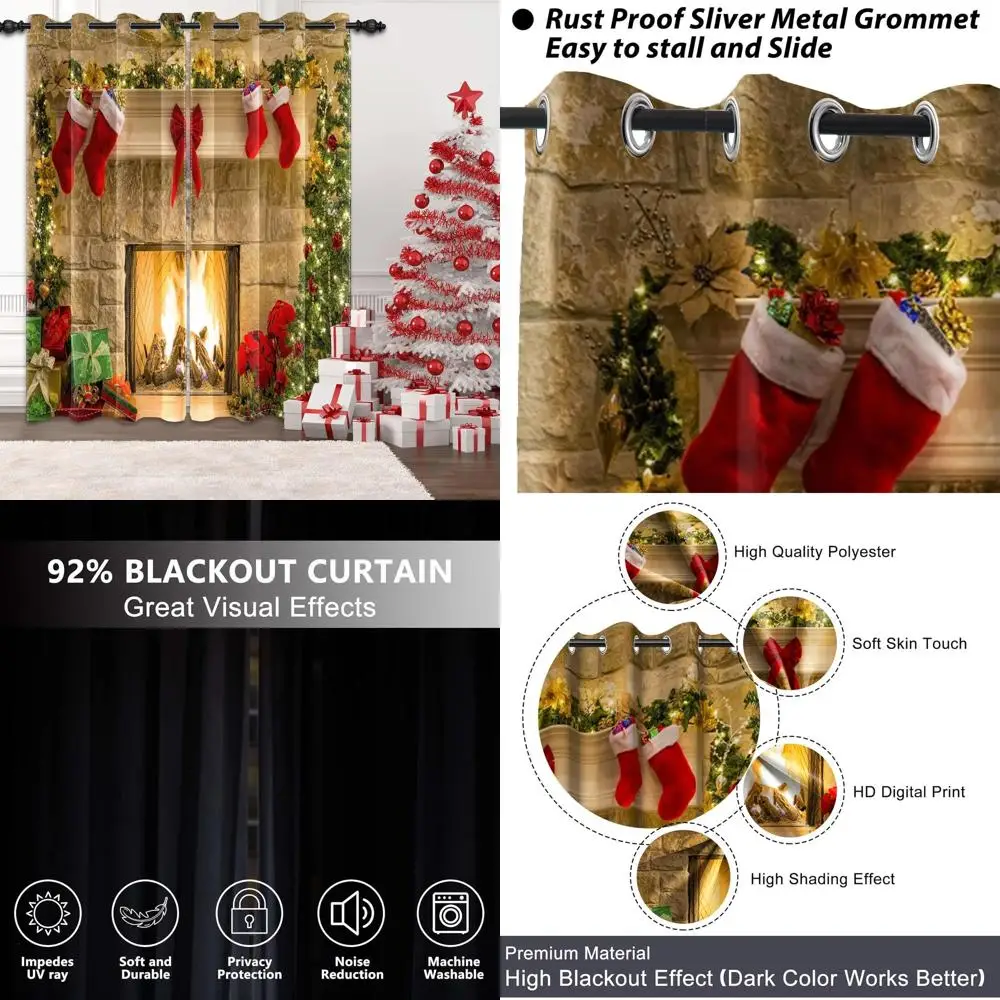 

Christmas Decor Window Curtains with Fireplace, Tree, Stockings, and Gifts, 2-Panel Blackout for Living and Kids Rooms, 42x96 In