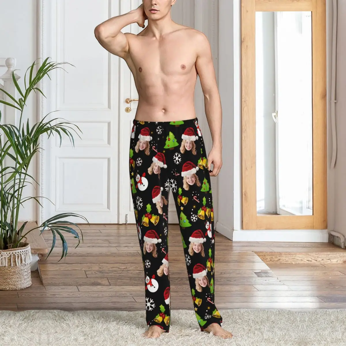 Pantalones de pijama personalizados con foto de cara personalizada de Navidad para hombre, ropa de dormir, pantalones de salón con bolsillos