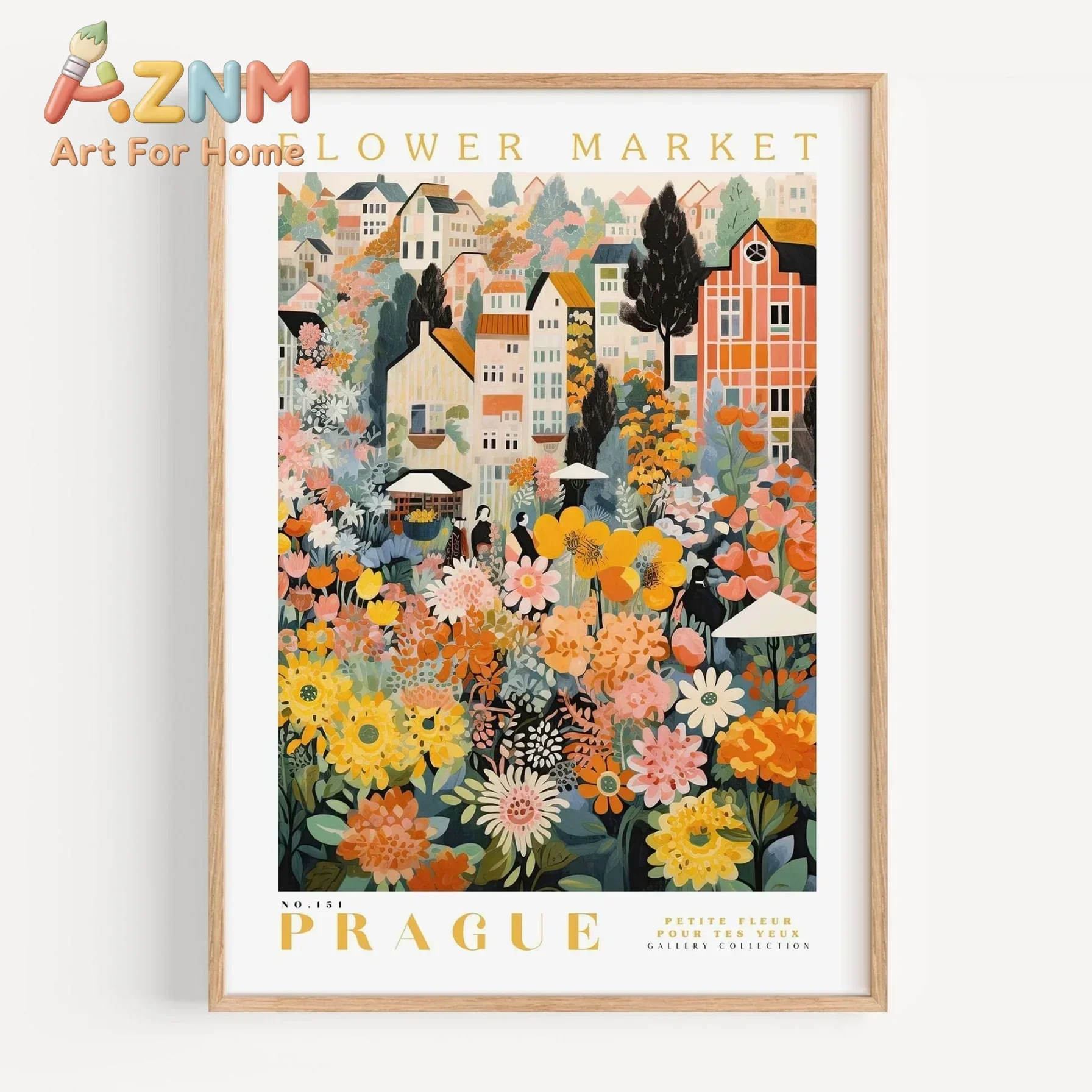 AZNM Prague Flower Market Canvas Wall Art Colorful Floral City Landscape Vintage Travel Art Print Unframed Canvas Poster for Hom