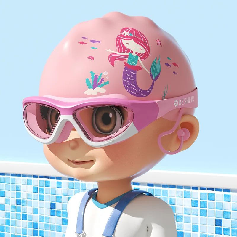

Children's Large Frame Swimming Goggles Waterproof Anti-fog Diving Goggles Boys Girls One-piece Ear Plug Swimming Glasses