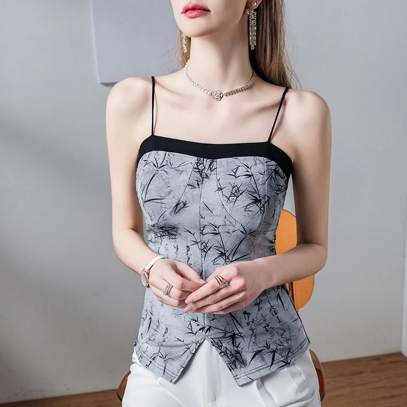 Boweylun New Vintage Chinese Style Printed Camisole Women Slim Split Design Tank Top