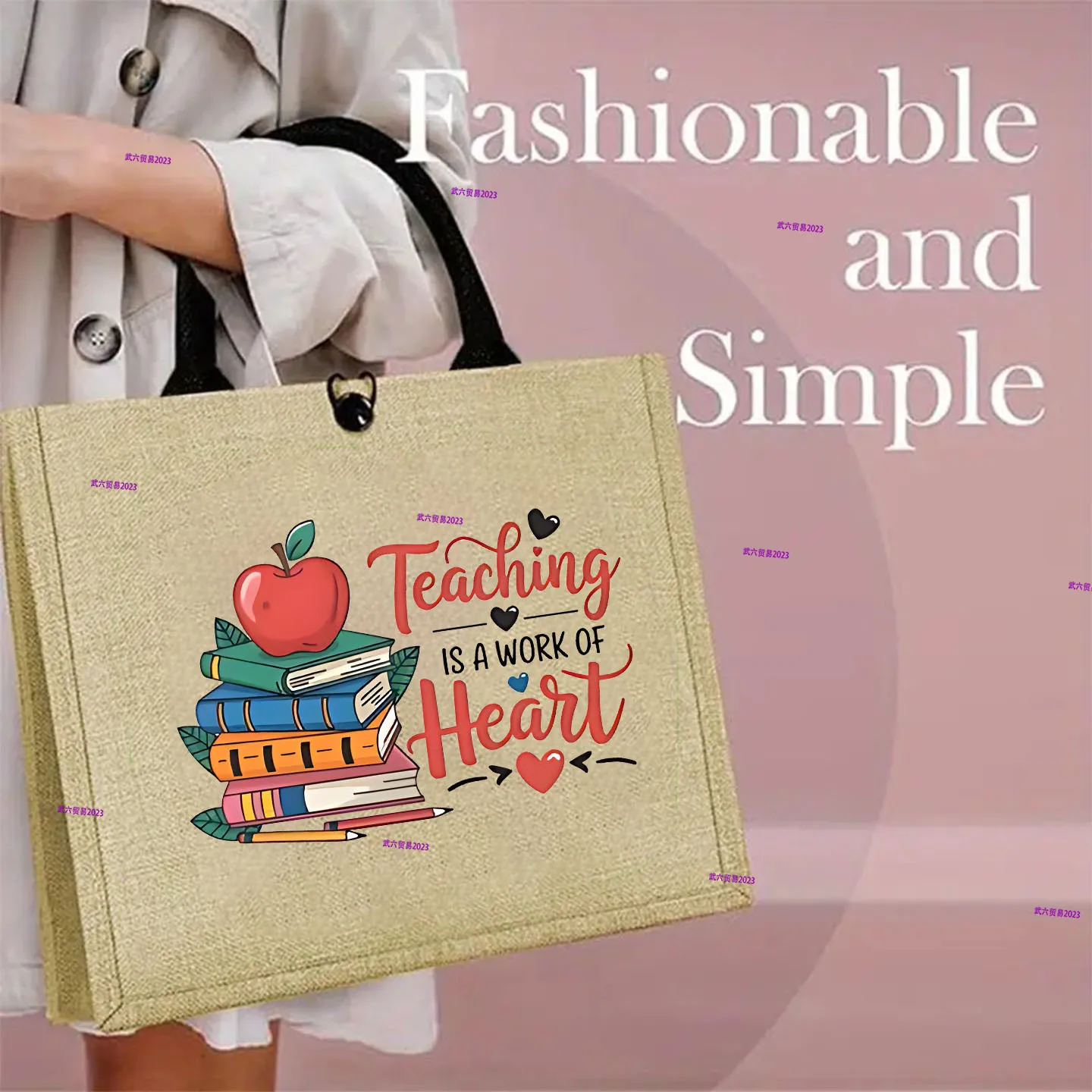 Teacher Love Inspire Linen Tote Bag Apple Pencil Book Pattern Reusable Grocery Bag Thank You Teacher Gift Ladies Shoulder