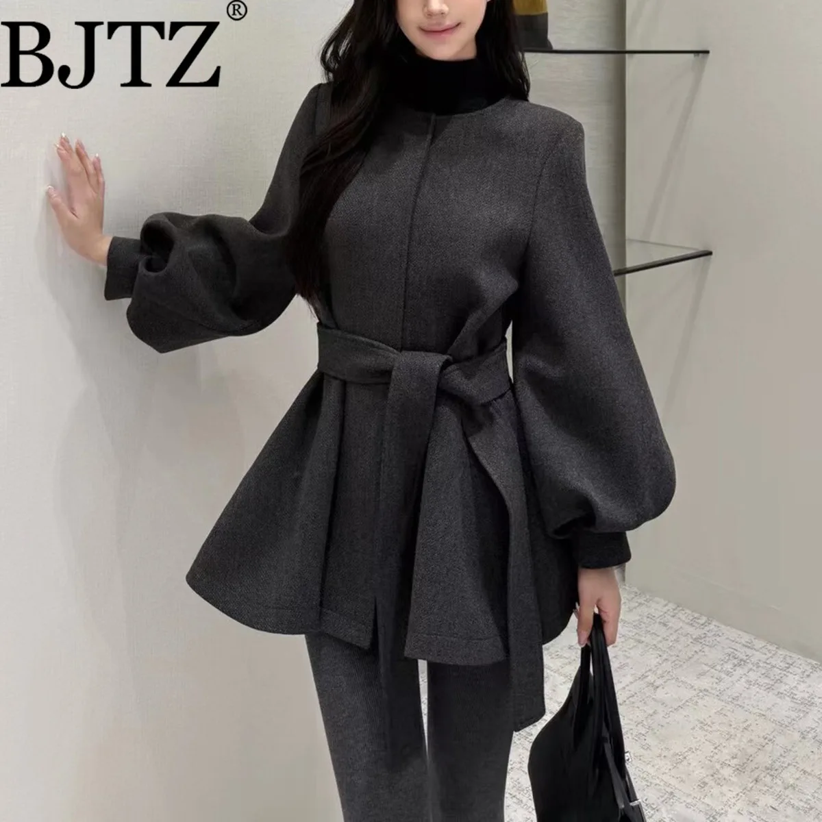 

BJTZ Women’s Round Neck Midi Trench Coat Belted Waist Elegant Spring Autumn Casual Outerwear 2025 Fashion Chic Office Wear