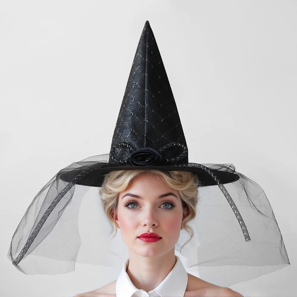 Lace Veil Halloween Witch Hat Rose Foldable Flower Wizard Cap Cosplay Accessories Party Props Feather Halloween Cap Masquerade