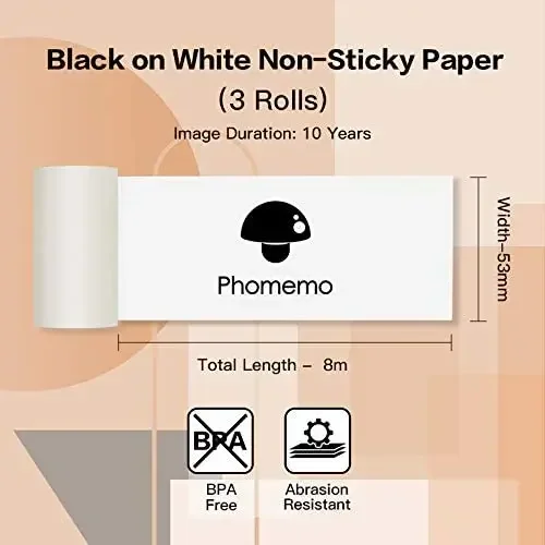 Phomemo 10 Years White Thermal Paper 3 Rolls Non-Adhesive Suitable for Phomemo M02/M02 Pro/M02S Mini Printer 53mm x 6.5m