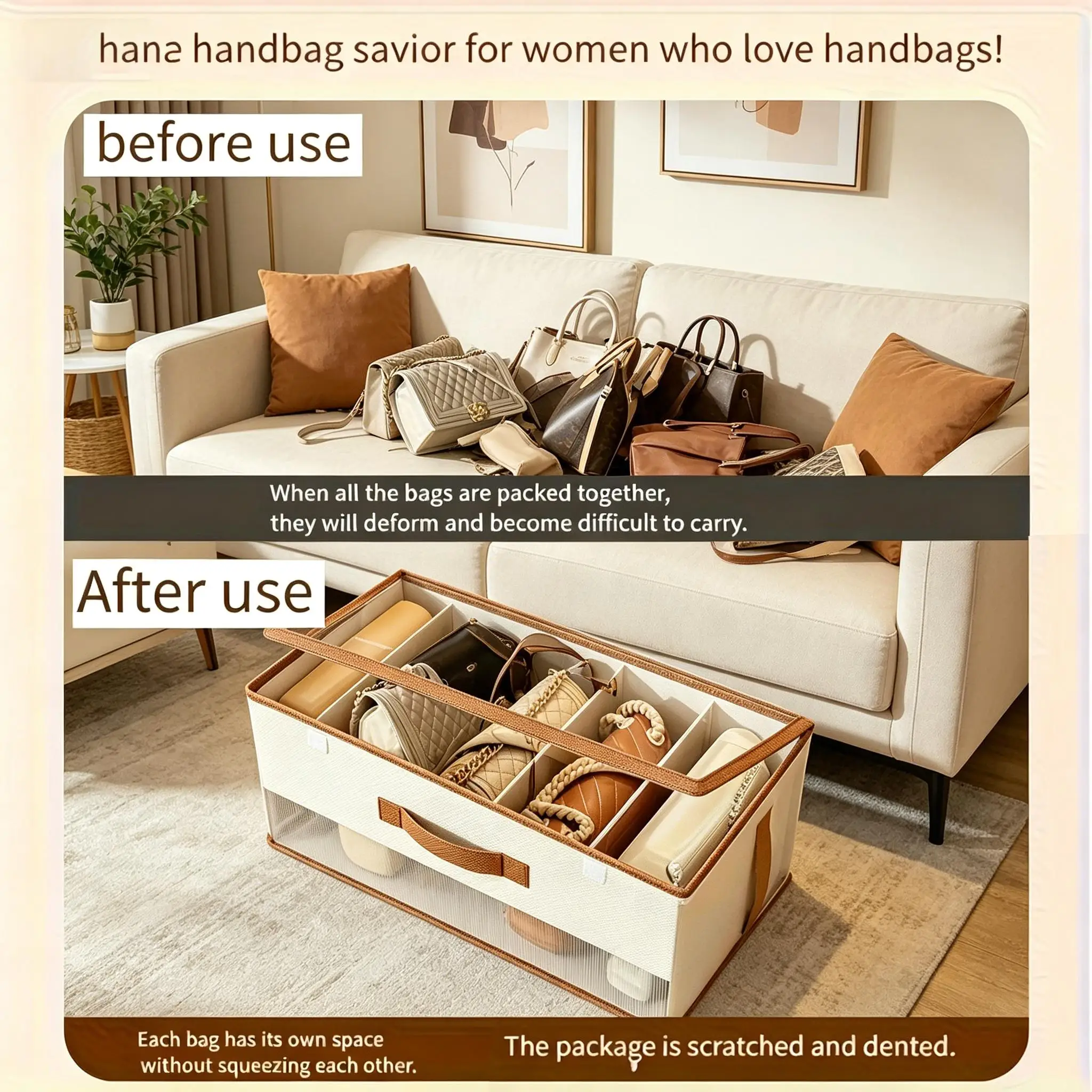 1pcs Handbag storage box with dust-proof tape cover, multi compartment closet to prevent bag deformation and scratches