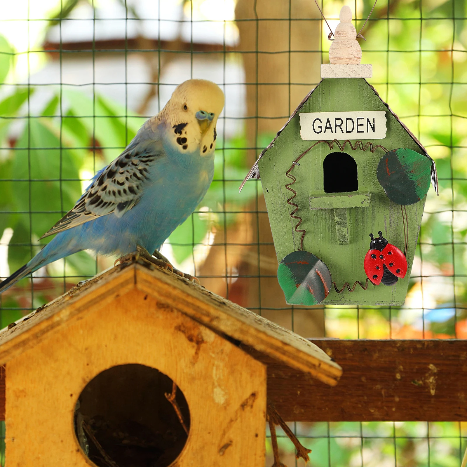 

1pc Creative Wooden Garden Balcony Decoration Durable Hanging Nest Shelter Green Color Wood Yard Decor