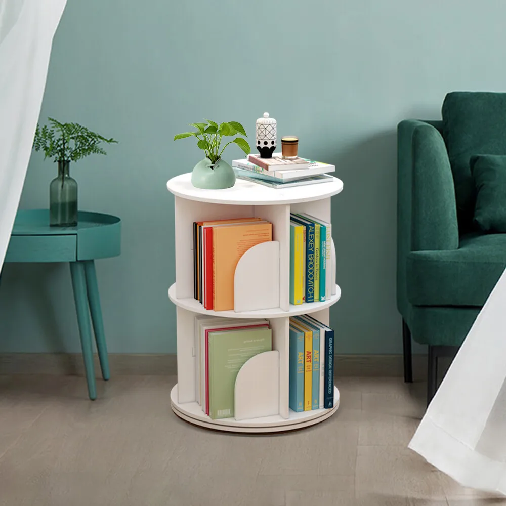 

360 Degree 2 Layer Rotating Bookshelf Freestanding Storage Shelf for Home Office Display Rack Space Saving Modern Design